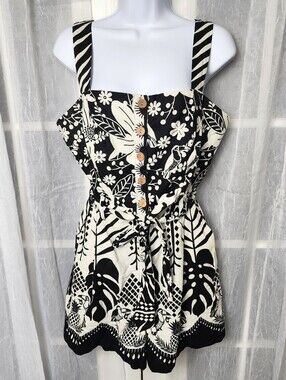 Rachel Zoe Linen Blend Romper Shorts 10 Black White Floral Straps Boho Resort